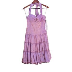 Vintage Dress Formal Sweetheart Tieback Halter Prairie Tiered Satin‎ Pink Size 7
